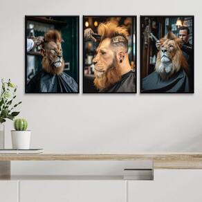 Kit 3 Quadros Decorativos Barbearia - Leão 45X34Cm