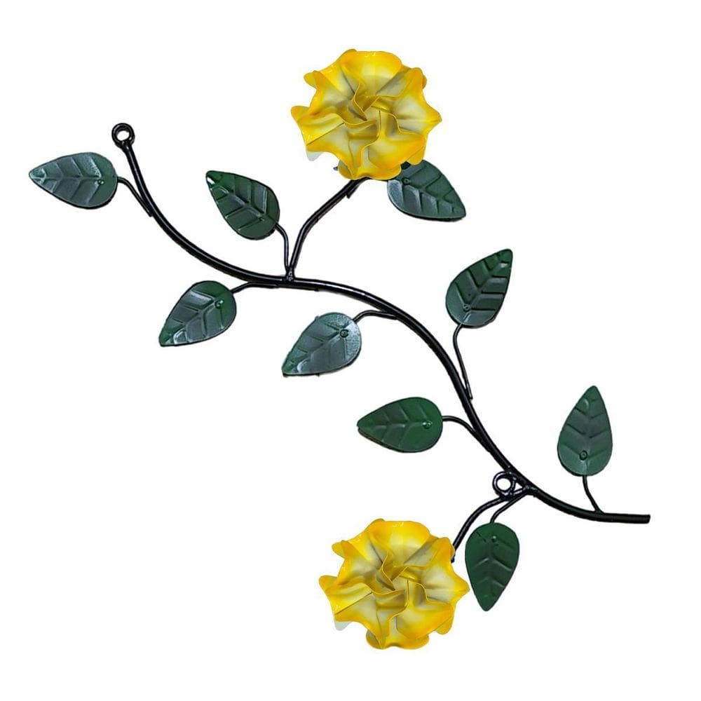 Arranjo De Parede Com Folhas Flores Em Ferro 2 Rosas Amarelo