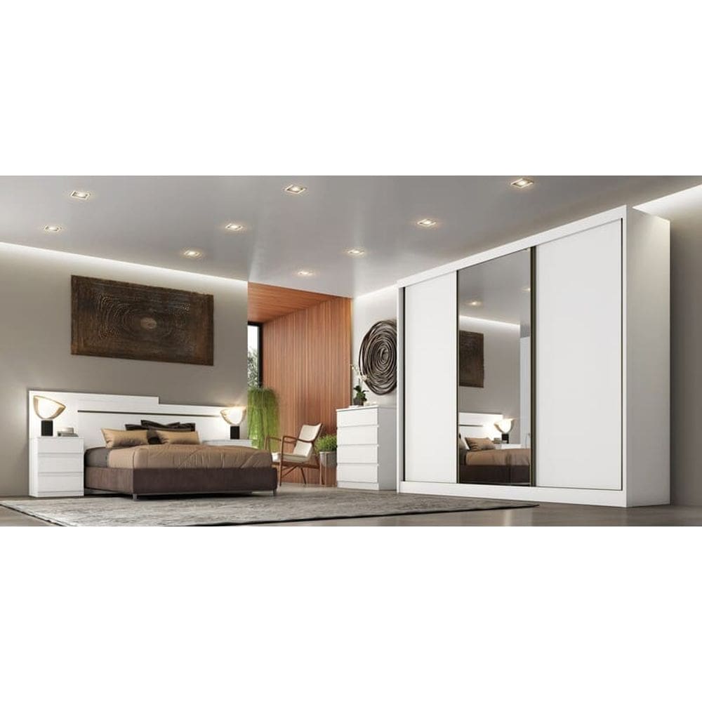 Guarda Roupa Casal com Espelho 3 Portas 8 Gavetas - Logan-Branco - Móveis Novo Horizonte