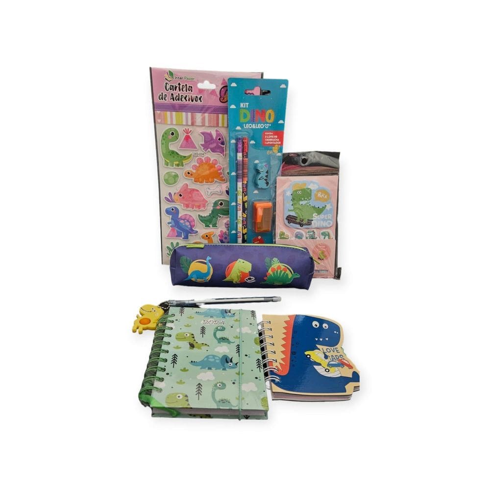 Kit Papelaria Fofa Dinossauros - Estojo, Agenda, Caderneta