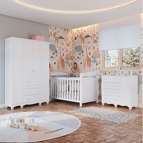 Quarto de Bebê Completo Berço Minicama Guarda-roupa 4 Portas e Cômoda 100% Mdf Nina Espresso Móveis Branco Brilho