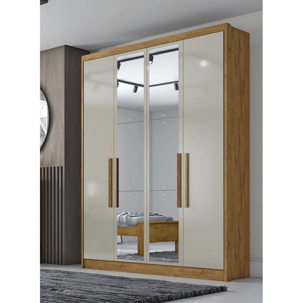 Guarda Roupa Solteiro com Espelho 4 Portas 3 Gavetas - Moderni -Cumaru/Fendi - Móveis Novo Horizonte