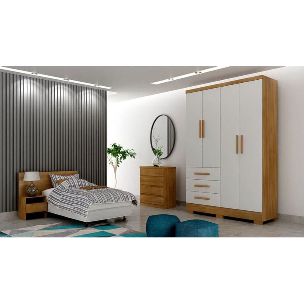 Guarda Roupa Solteiro com Pés 4 Portas 3 Gavetas - Encant-Cumaru off white  - Móveis Novo Horizonte