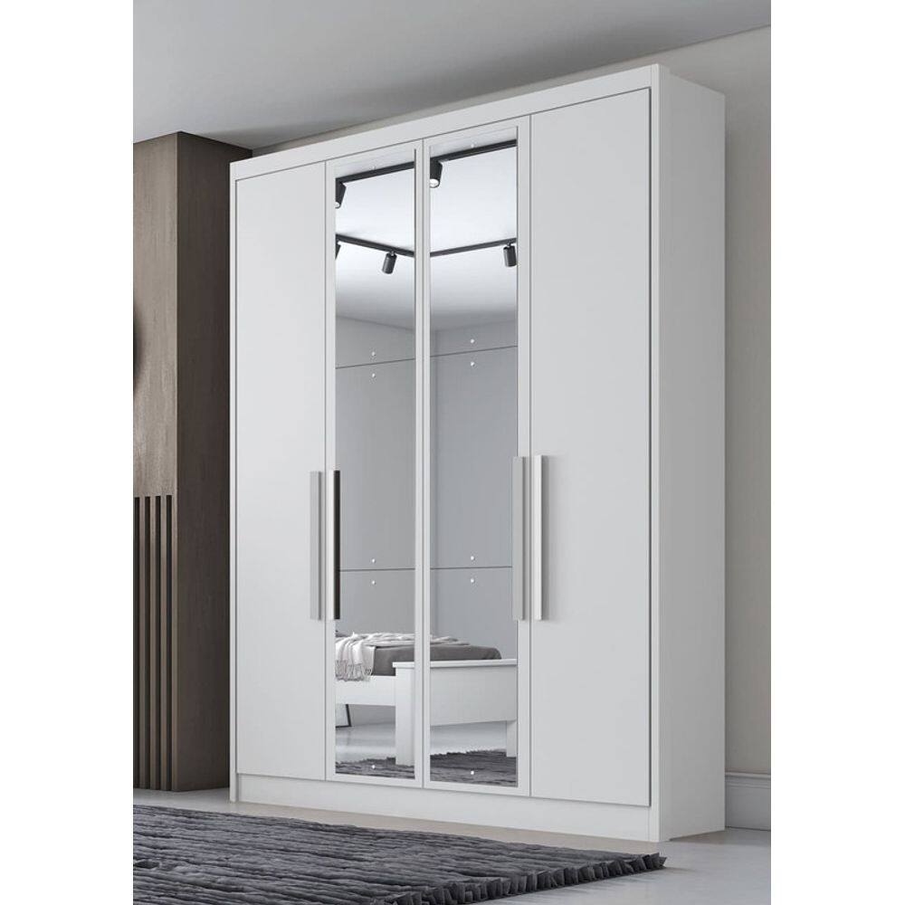 Guarda Roupa Solteiro com Espelho 4 Portas 3 Gavetas - Moderni -Branco - Móveis Novo Horizonte