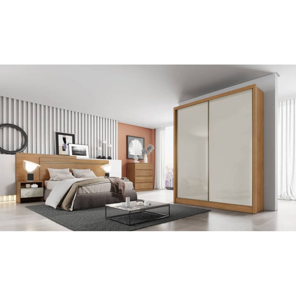 Guarda Roupa Solteiro 2 Portas 3 Gavetas - Virtus -Cumaru/Fendi - Móveis Novo Horizonte