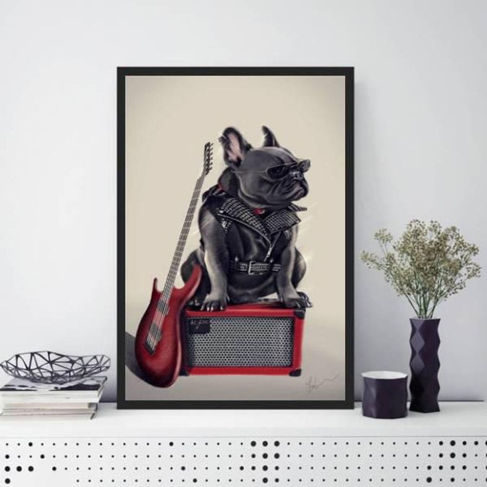Quadro Bulldog Francês Rock 45x34cm Moldura Madeira Preta