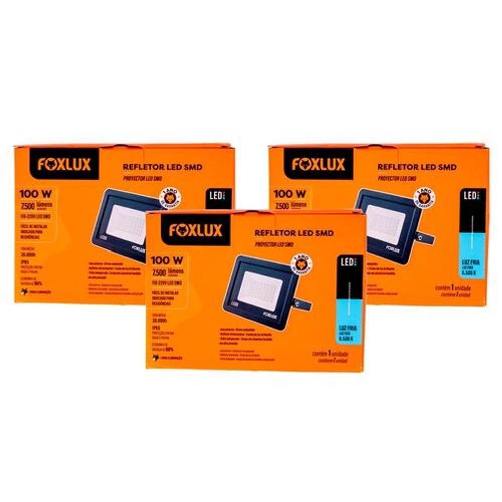 Kit 3 Refletor LED 100W IP65 6.500K Bivolt Foxlux