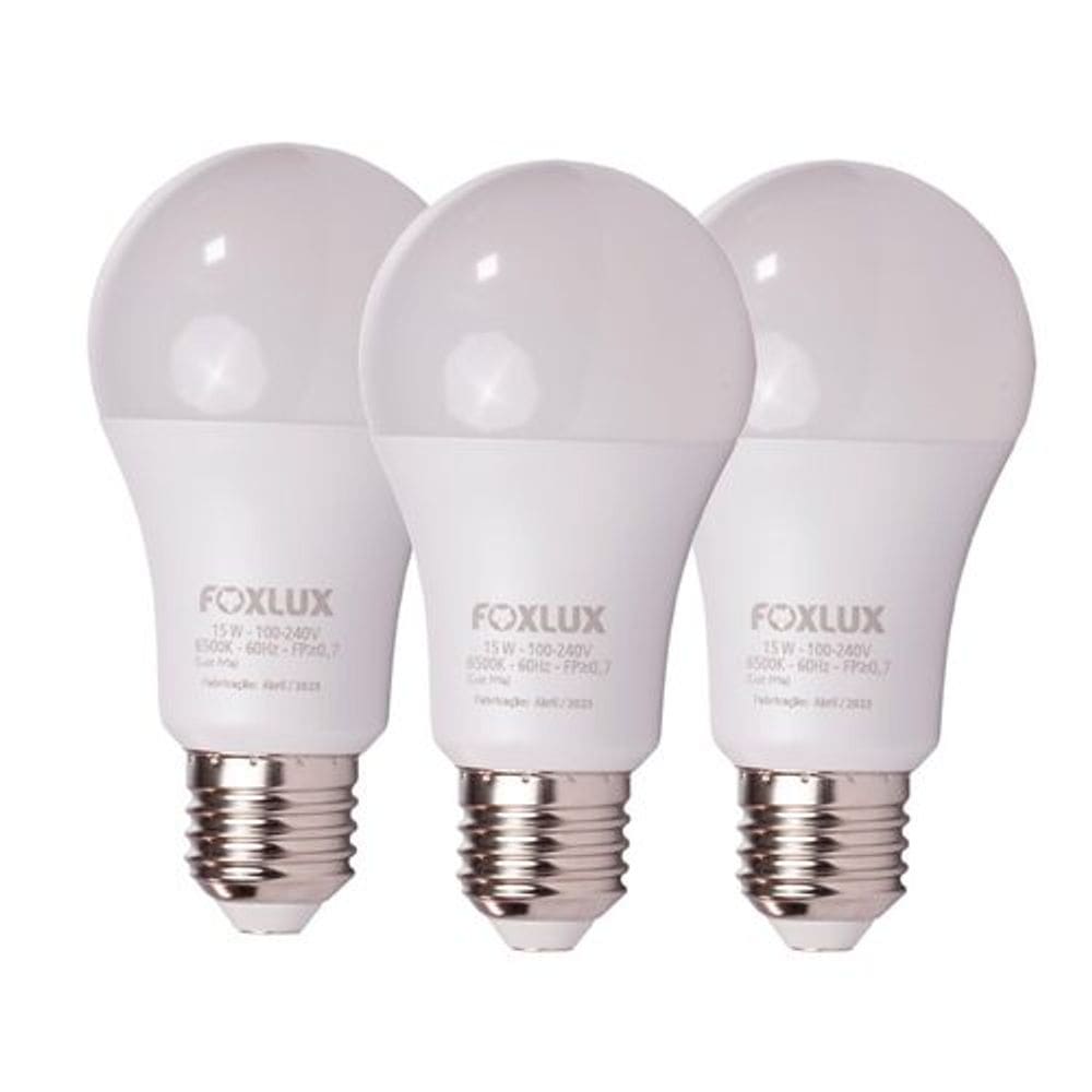 Kit 3 Lâmpada LED Bulbo 15W 6500K E-27 Bivolt Foxlux