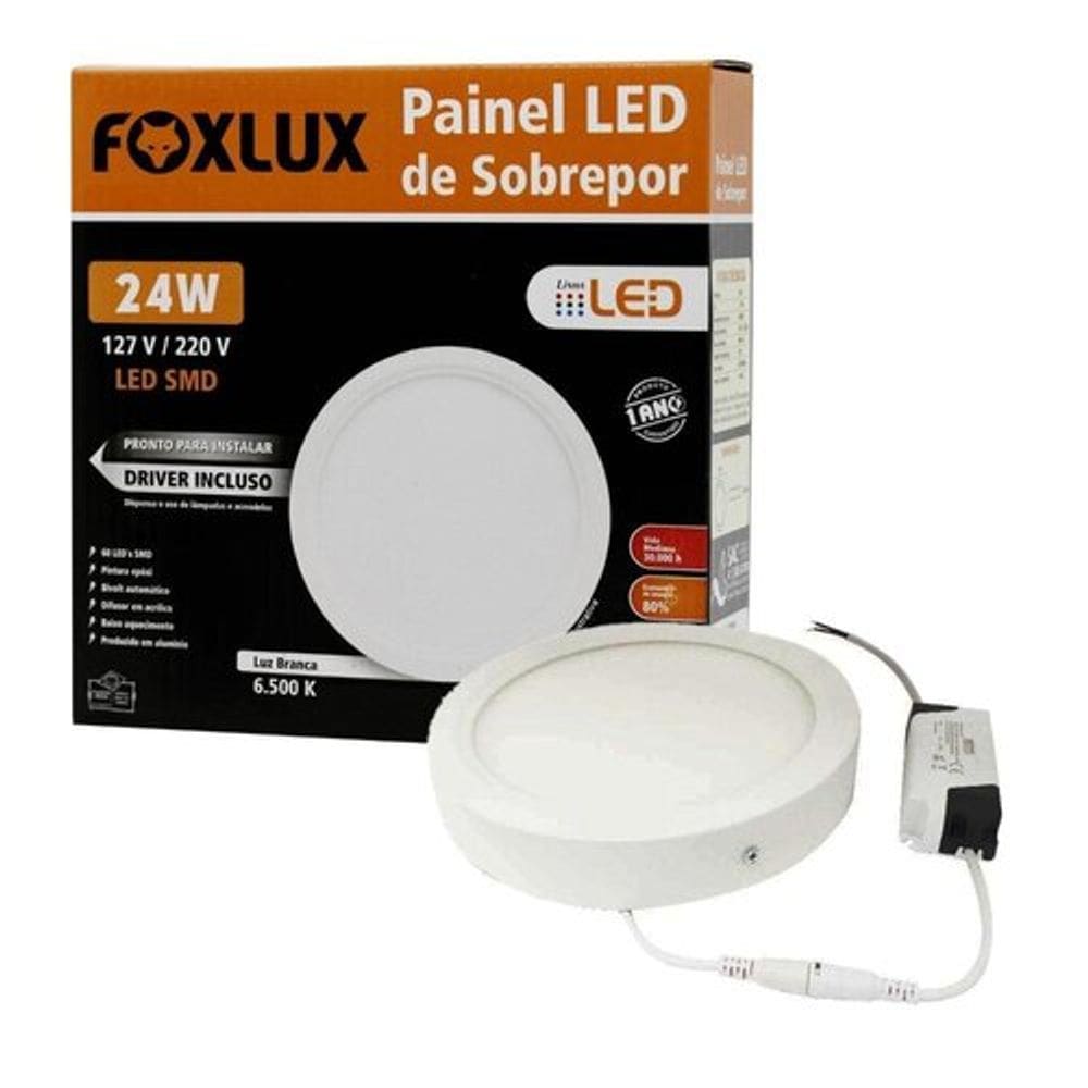 Painel de LED Downlight Redondo de Sobrepor 24W Luz Branca 6500K Bivolt ? Foxlux