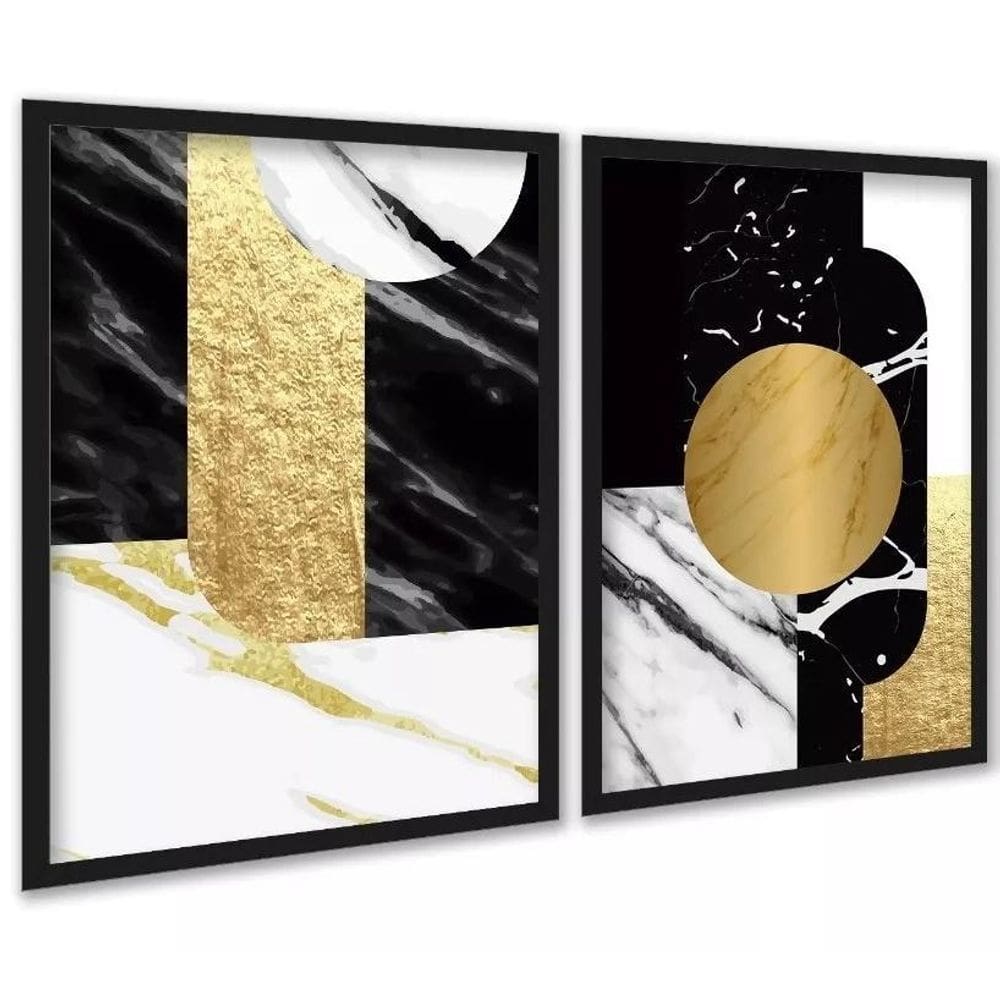 Kit 2 Quadros Abstratos Preto E Dourado - Mármore 45X34Cm
