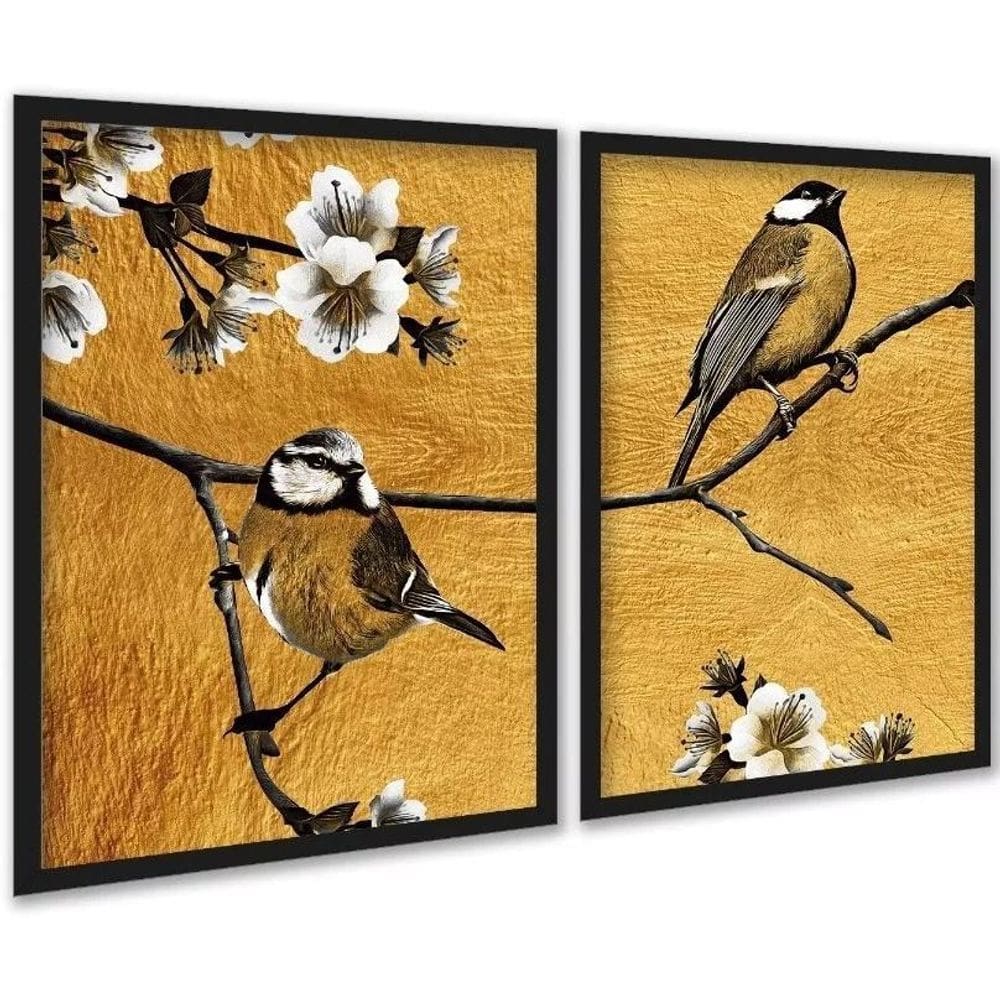 Kit 2 Quadros Pássaros Dourados Flores Cerejeira 24X18Cm