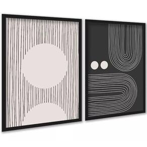 Kit 2 Quadros Abstratos Linhas Preto E Bege - Formas 45X34Cm