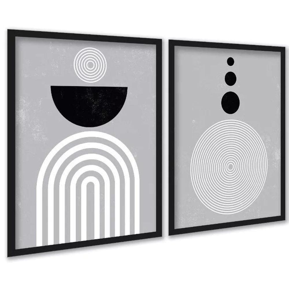 Kit 2 Quadros Cinzas Linhas Preto Branco 33X24Cm