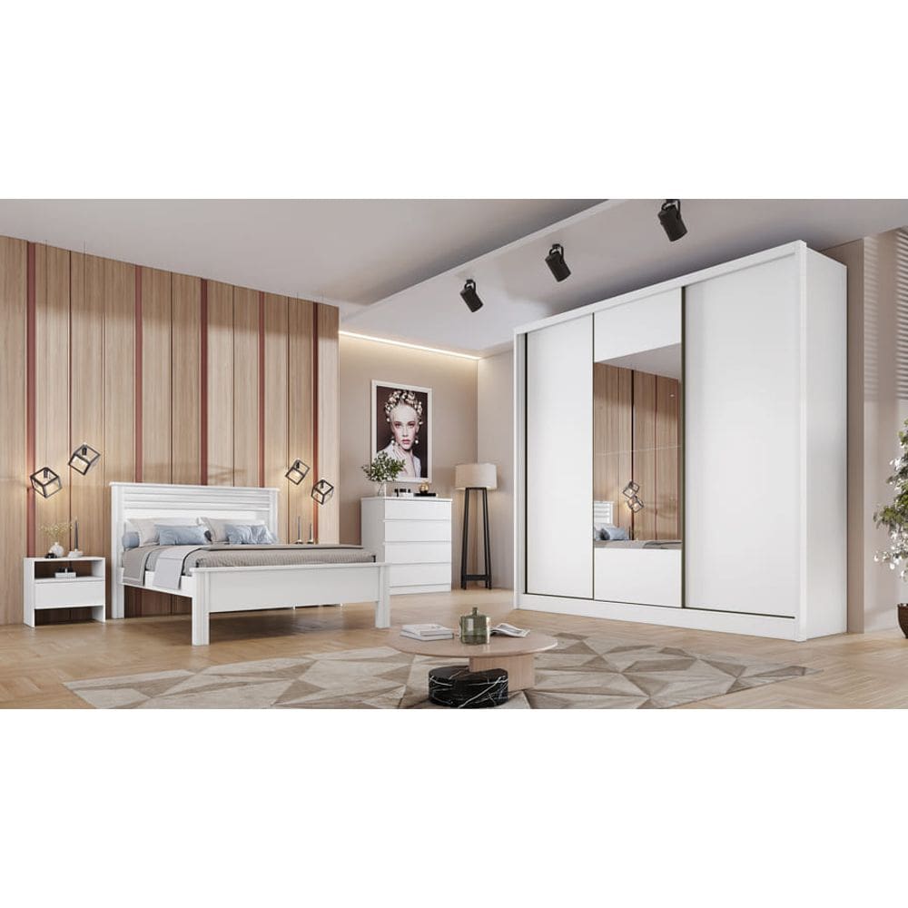 Guarda Roupa Casal com Espelho 3 Portas 8 Gavetas - Arezzo Plus-Branco - Móveis Novo Horizonte