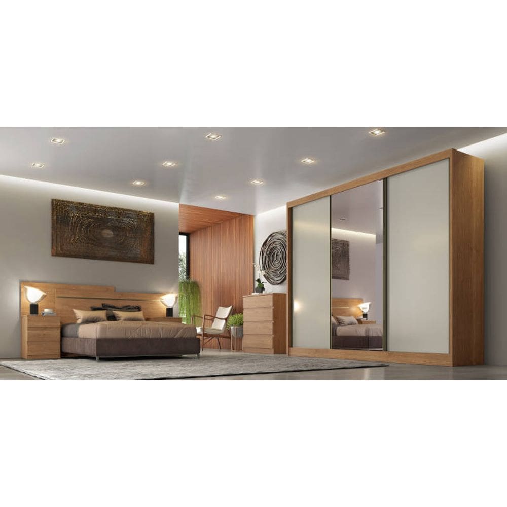 Guarda Roupa Casal com Espelho 3 Portas 6 Gavetas - Sollo-Cumaru off white - Móveis Novo Horizonte