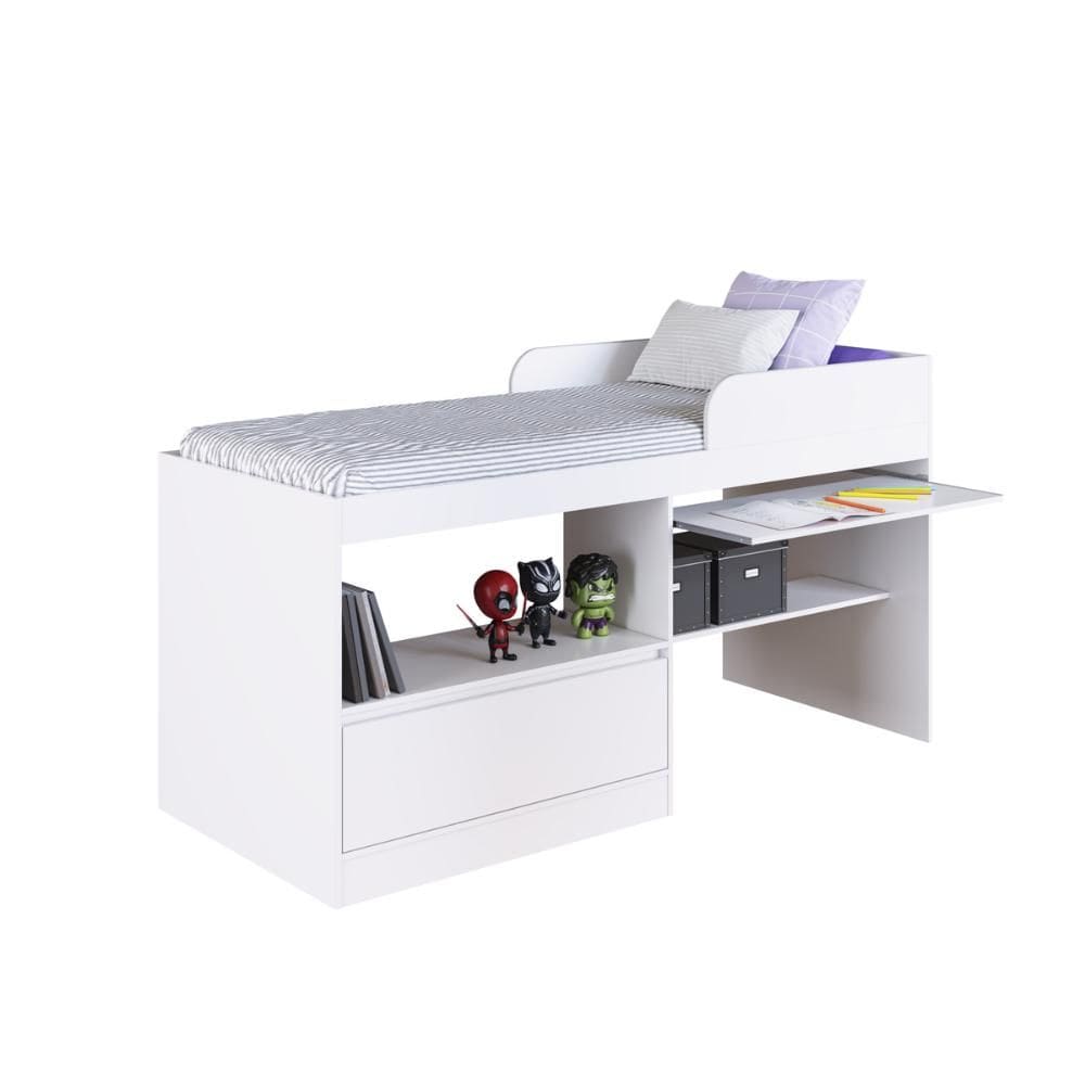 Cama Multifuncional Solteiro com Escrivaninha 1 Porta CJ4080 78x188cm Branco - Art In Móveis