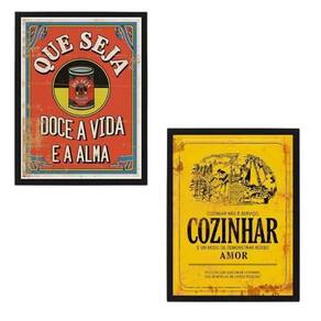 Kit 2 Quadros Cozinha Vermelho E Amarelo 33X24 C/Vidro Preta