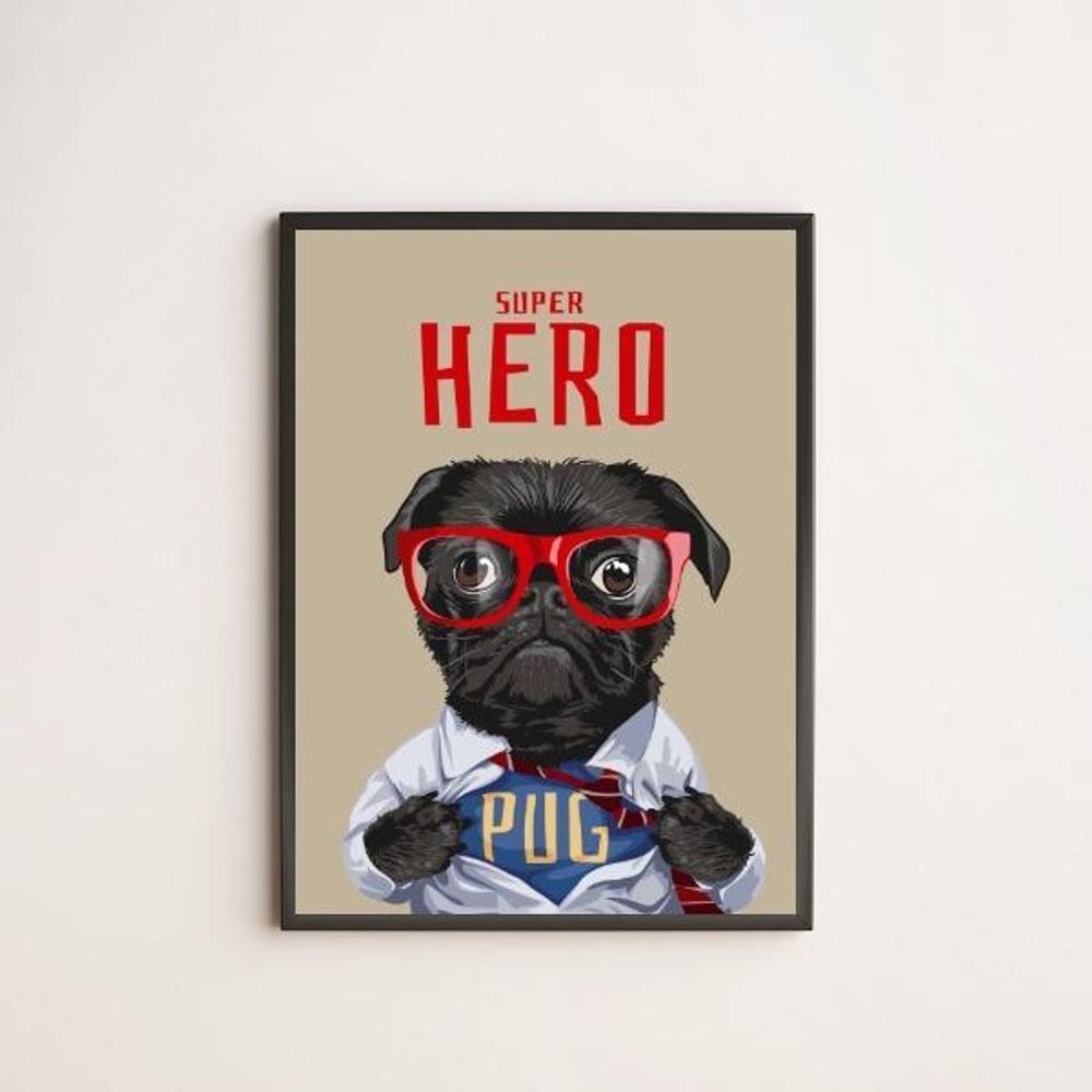 Quadro My Super Hero Pug 45X34Cm Com Vidro Moldura Preta