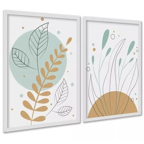 Kit 2 Quadros Boho Plantas Tons Pastéis Verde 24X18Cm