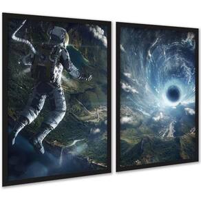 Kit 2 Quadros Astronauta Buraco Negro Espaço 33X24Cm