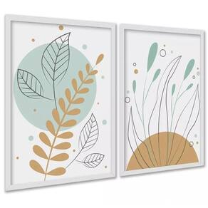 Kit 2 Quadros Boho Plantas Tons Pastéis Verde 45X34Cm