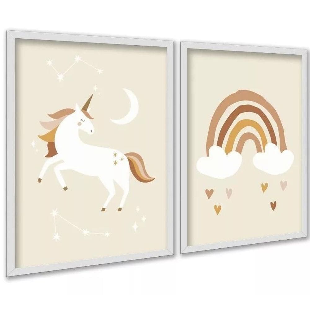 Kit 2 Quadros Infantis Unicórnio Arco-Íris Bege 33X24Cm