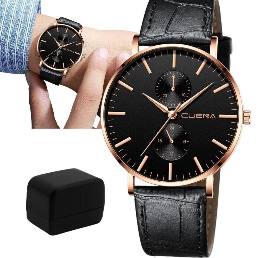 Relógio de Pulso Croco Preto e Bronze Ultrafino + Caixa