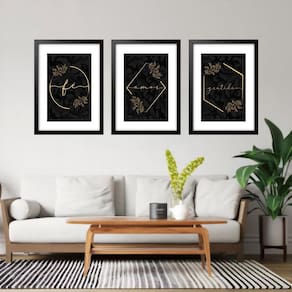 Kit 3 Quadros Grandes Dourado Fé Amor Gratidão 60X48Cm