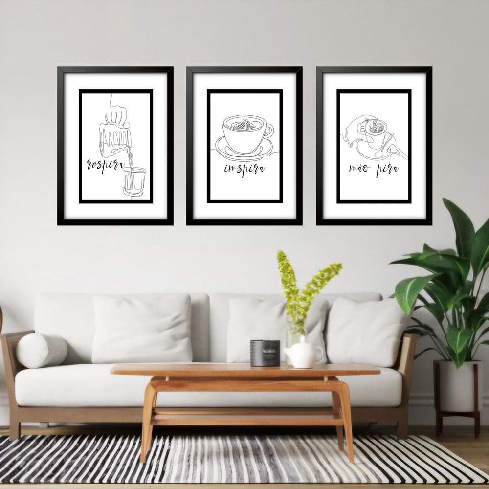 Kit 3 Quadros Grandes Café Respira Inspira Não Pira 60X48Cm