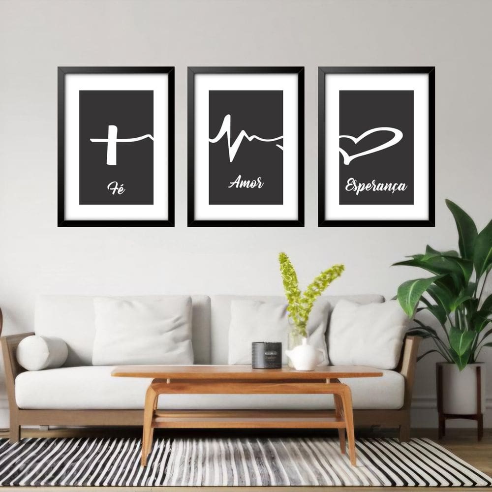 Kit 3 Quadros Grandes Fé Amor E Esperança 60X48Cm