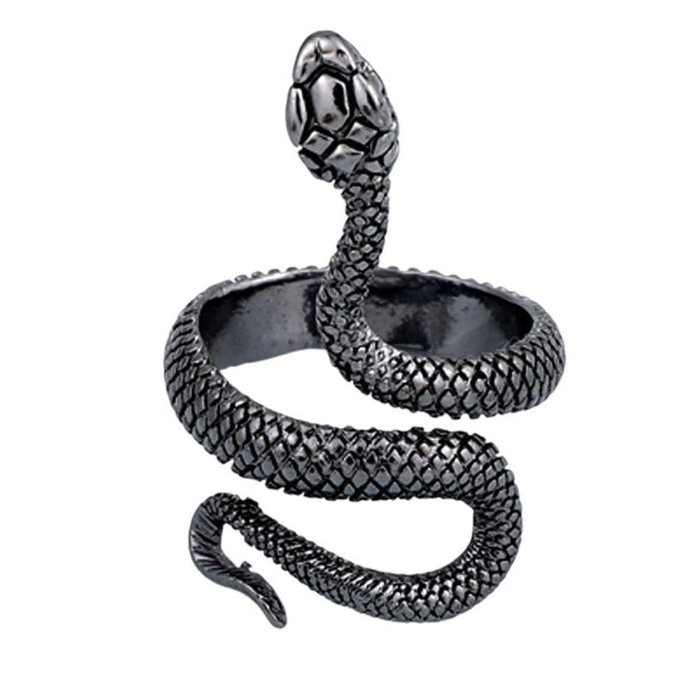 Anel Preto Prateado Cobra Ajustável Serpente Snake Punk Rock