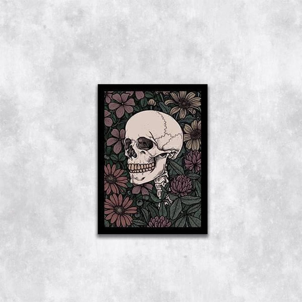 Quadro Caveira Com Fundo Floral 24X18Cm