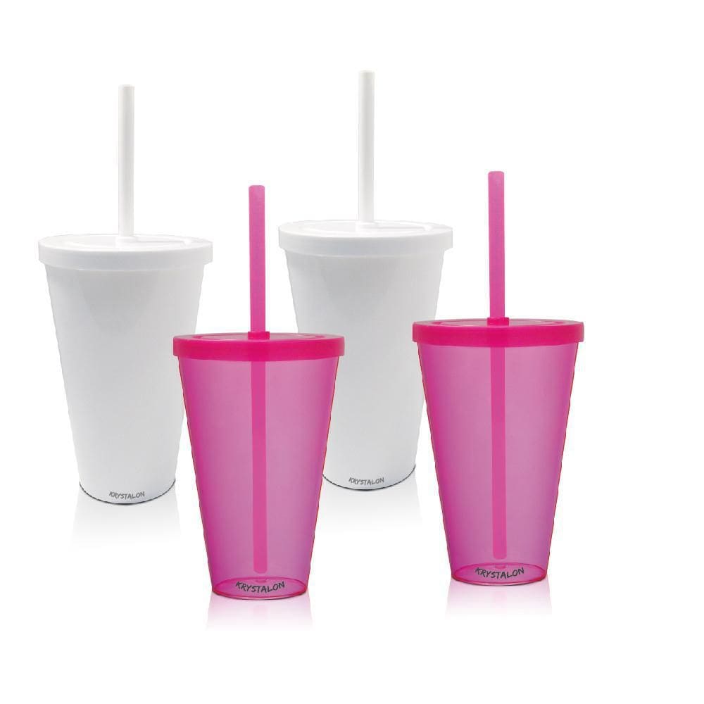 Kit 4 Copos Com Tampa E Canudo Branco E Rosa