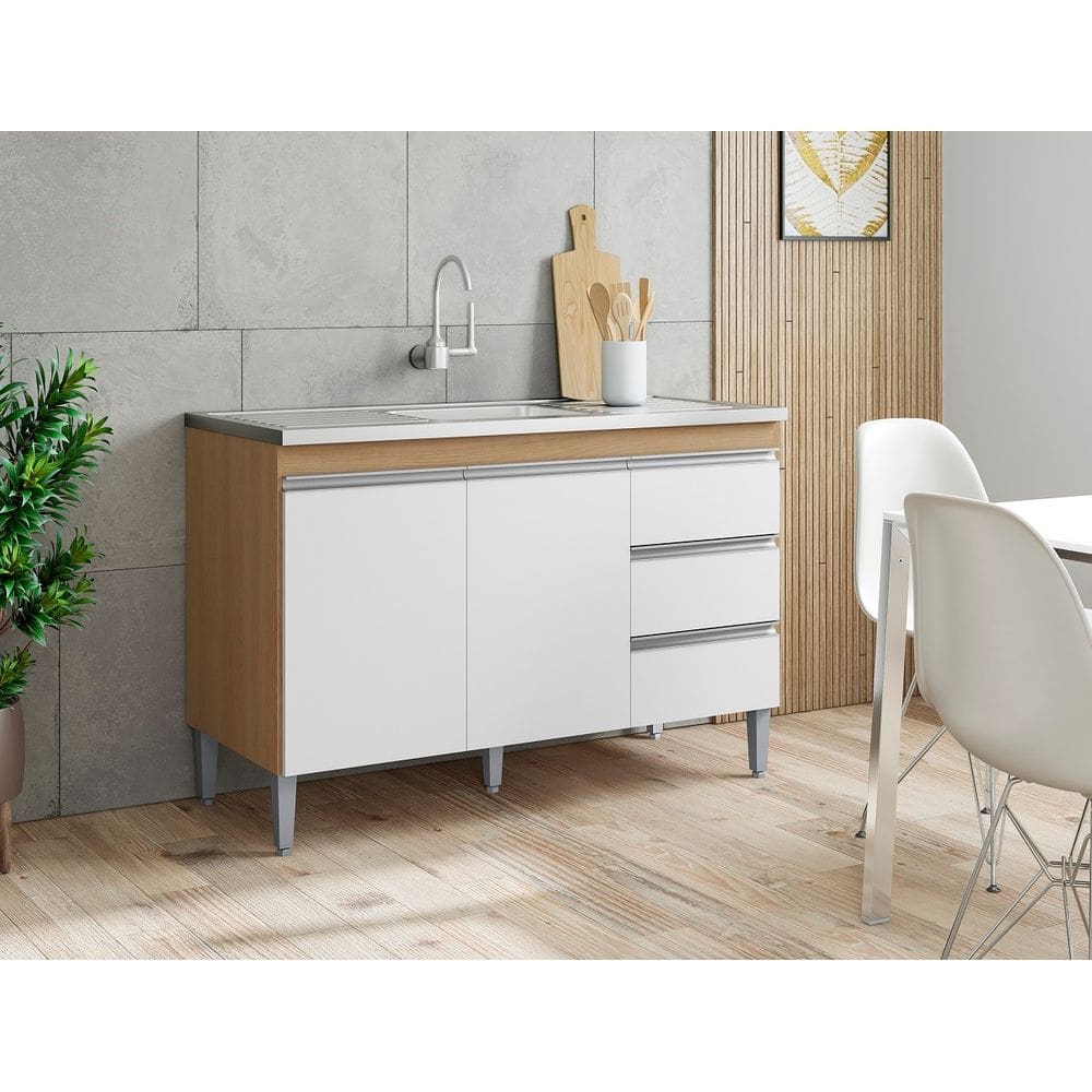 Balcão de Cozinha para Pia Andréia 120cm Amêndoa/Branco S/ Tampo - AJL Móveis