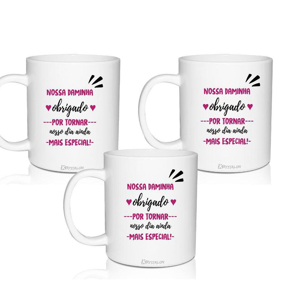 Kit 3 Canecas Brancas Personalizadas Agradecimento Daminha