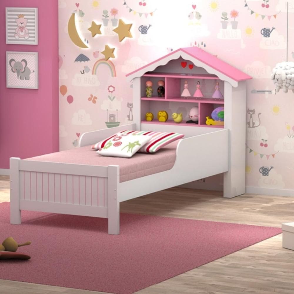 Cama Solteiro Carvalho Branco/Rosa 