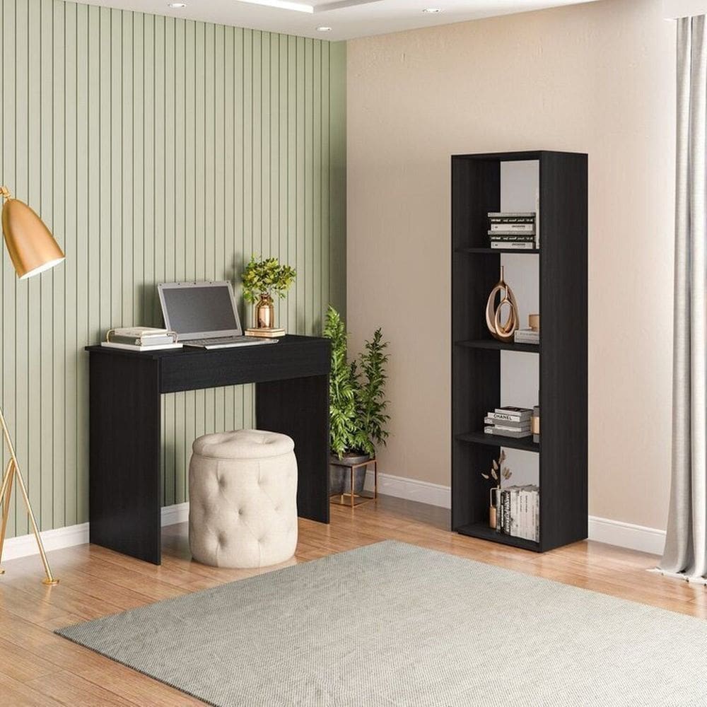 Conjunto com 1 Mesa Escrivaninha 1 Gaveta Sevilha e 1 Estante Livreiro Modular 4 Nichos Calum Preto