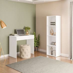 Conjunto com 1 Mesa Escrivaninha 1 Gaveta Sevilha e 1 Estante Livreiro Modular 4 Nichos Calum Branco