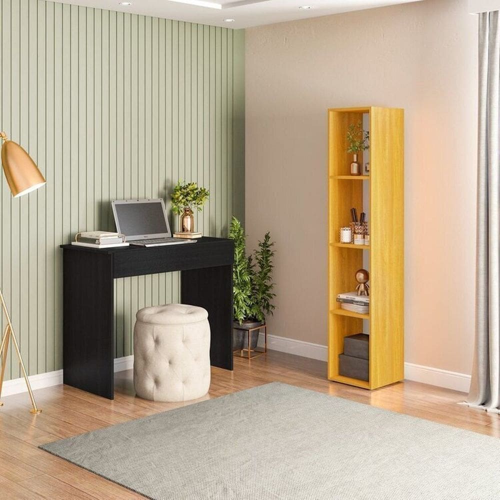 Conjunto 1 Mesa Escrivaninha 1 Gaveta Sevilha e 1 Estante Livreiro Modular 4 Nichos Delta Preto/Freijó