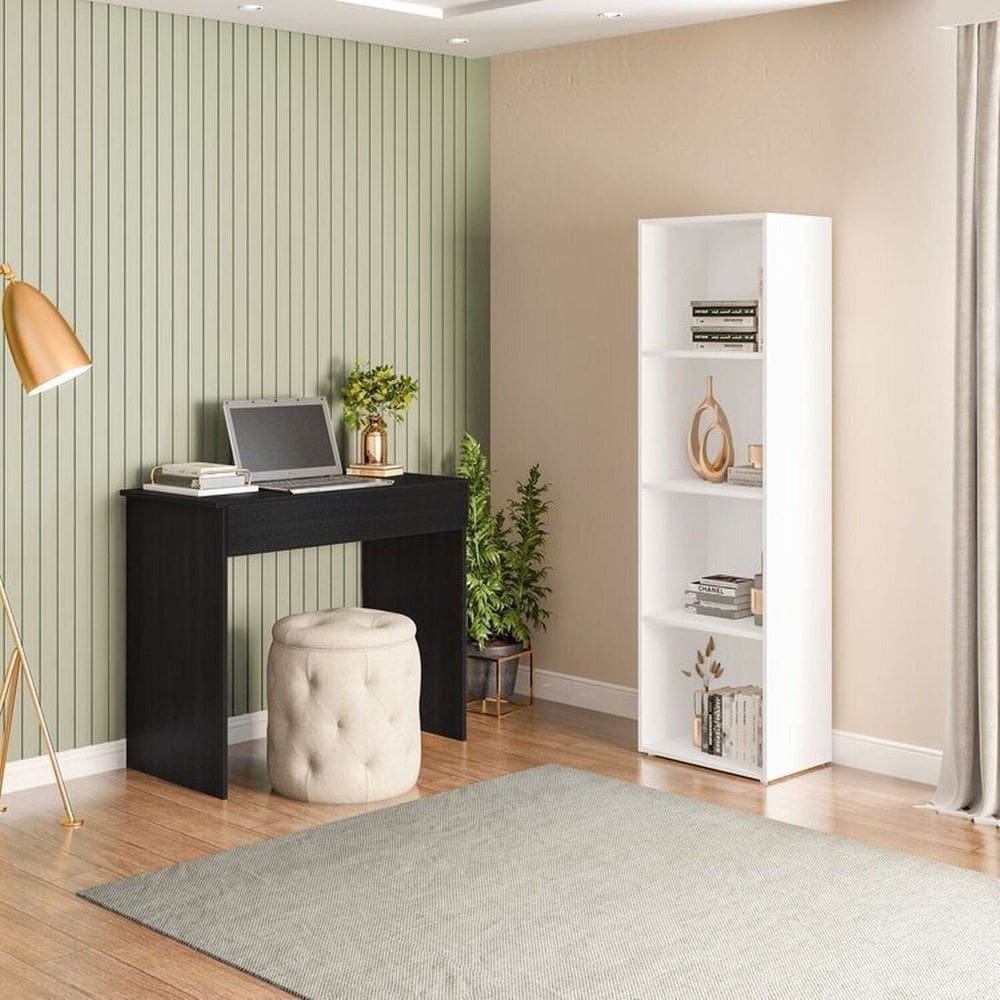 Conjunto com 1 Mesa Escrivaninha 1 Gaveta Sevilha e 1 Estante Livreiro Modular 4 Nichos Calum Preto/Branco