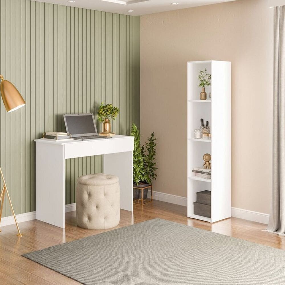 Conjunto 1 Mesa Escrivaninha 1 Gaveta Sevilha e 1 Estante Livreiro Modular 4 Nichos Delta Branco