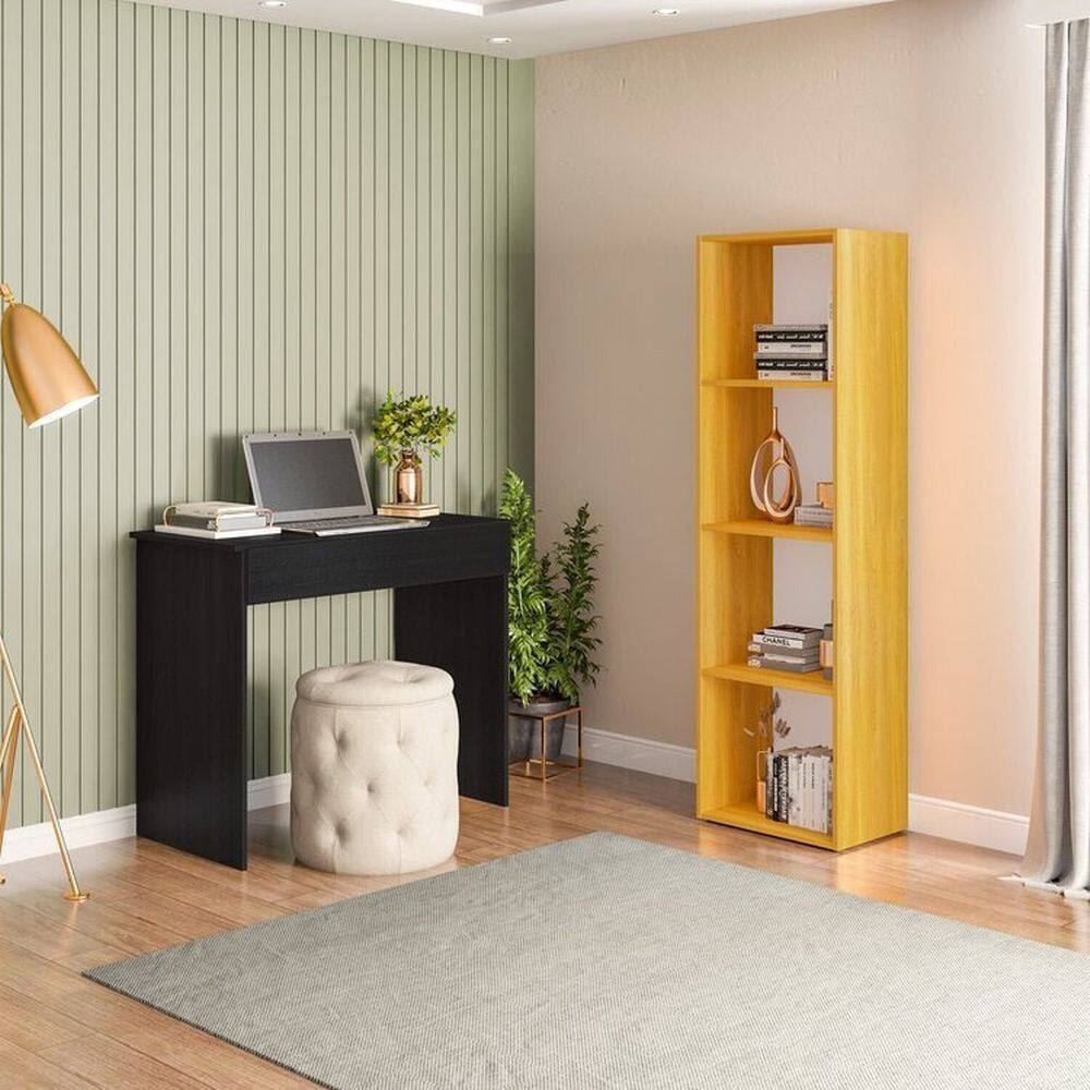 Conjunto com 1 Mesa Escrivaninha 1 Gaveta Sevilha e 1 Estante Livreiro Modular 4 Nichos Calum Preto com Freijó