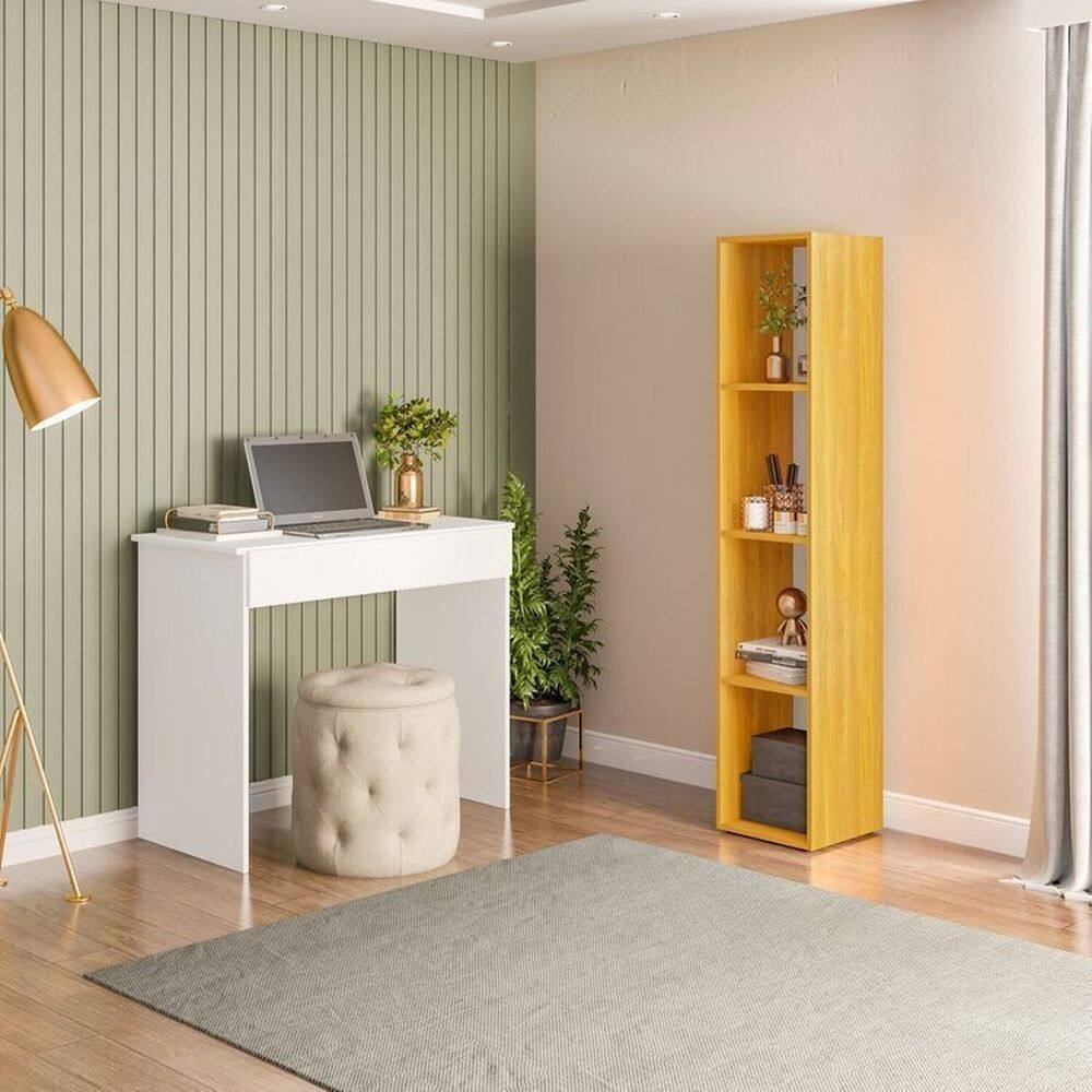 Conjunto 1 Mesa Escrivaninha 1 Gaveta Sevilha e 1 Estante Livreiro Modular 4 Nichos Delta Branco/Freijó