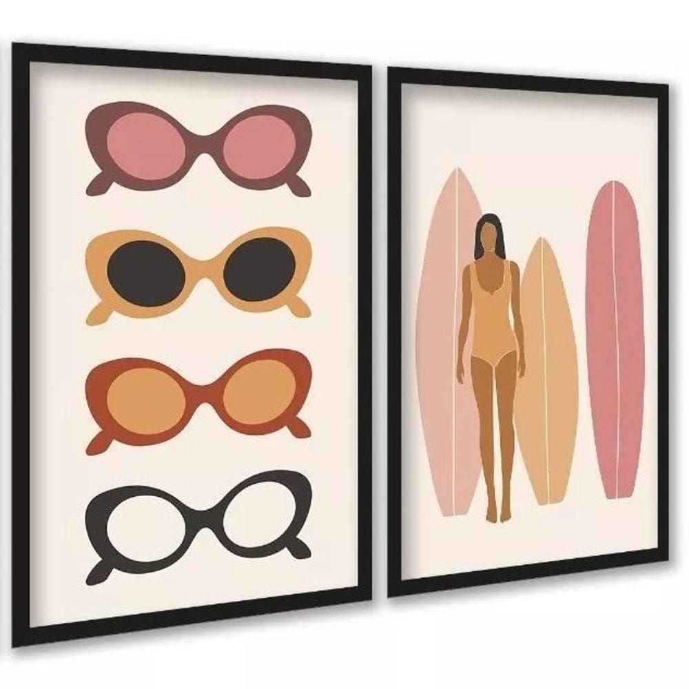 Kit 2 Quadros Óculos De Sol E Prancha Surf 45X34Cm - Vidro