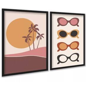 Kit 2 Quadros Óculos De Sol - Praia 24X18Cm - Com Vidro