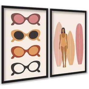 Kit 2 Quadros Óculos De Sol E Prancha Surf 33X24Cm - Vidro