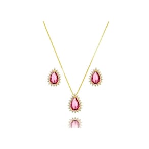 Conjunto folheado a Ródio Branco Gota Cravejada Cristal Rubi