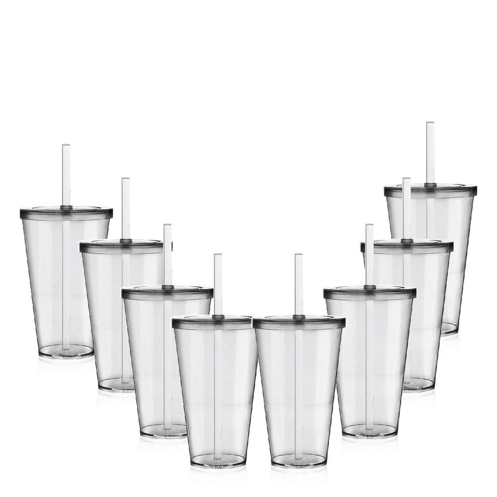 Kit 8 Copos Big Drink Tampa E Canudo Acrílico Transparente