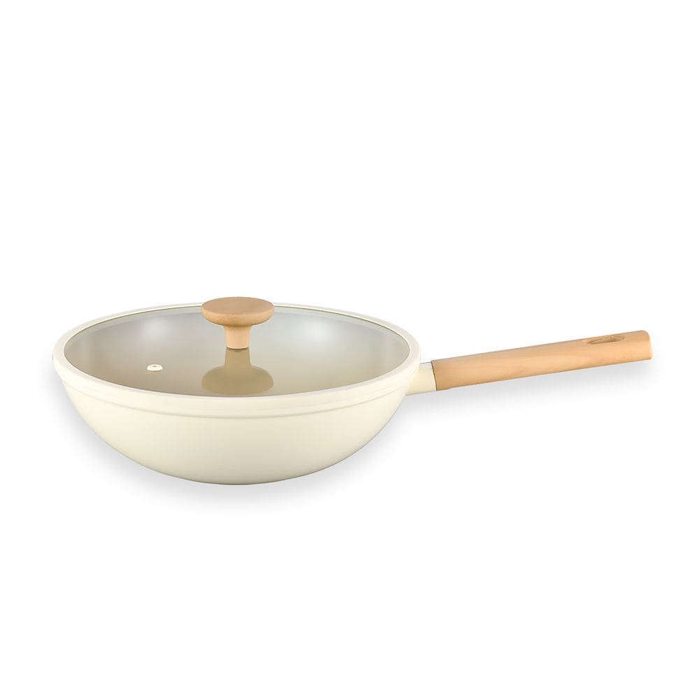 Panela Wok Antiaderente Ultra Ceramic 28cm de Indução com Borda de Silicone Cor Bege Mou Nata Oikos