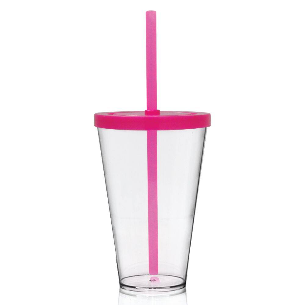 Copo Transparente Tampa e Canudo Rosa KrystalON 550 ml
